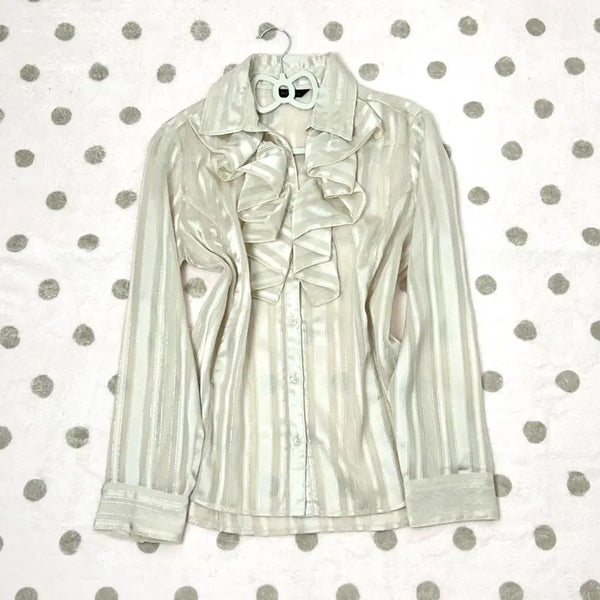 [BUNJANG] Beige Satin Glitter Ruffle Blouse / 긱시크맛 베이지 새틴 글리터 프릴 블라우스