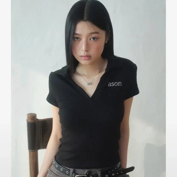 [BUNJANG] AZONE Half Ivy Collar T-shirt Black / 바로배송) 애즈온 하프 아이비 카라티 블랙