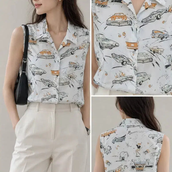 [BUNJANG] PRADA Classic Car Graphic Sleeveless Shirt White Size 40 / [정품] 프라다 클래식카 그래픽 오픈카라 슬리브리스 나시 셔츠 (40)