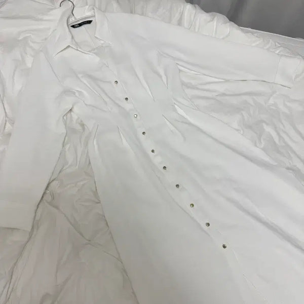 [BUNJANG] ZARA White Maxi Shirt Dress Gold Button M / ZARA 자라 화이트 맥시 셔츠 금장 원피스 M