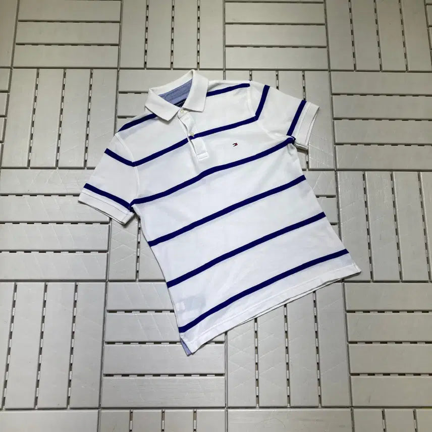 [BUNJANG] Tommy Hilfiger Striped Short Sleeve Polo Shirt White Blue / [S]타미힐피거 스트라이프 반팔 카라티 화이트블루 0760