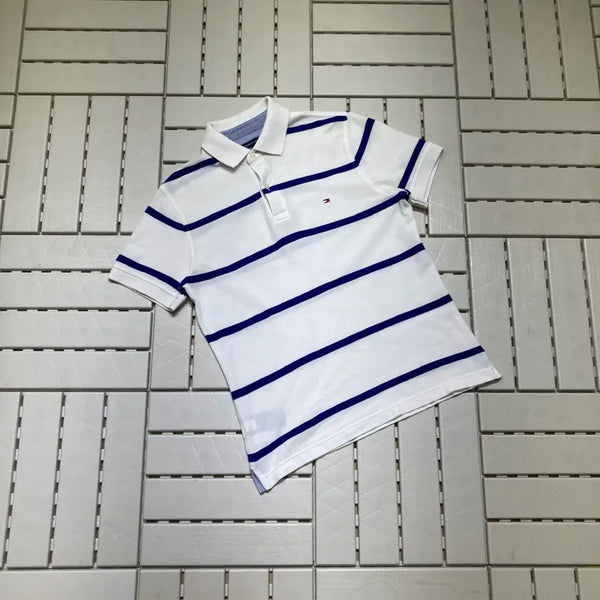 [BUNJANG] Tommy Hilfiger Striped Short Sleeve Polo Shirt White Blue / [S]타미힐피거 스트라이프 반팔 카라티 화이트블루 0760