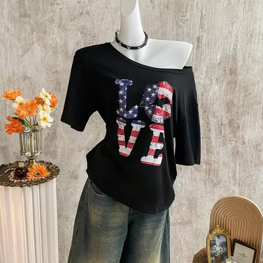 [BUNJANG] American Flag Off-Shoulder T-Shirt / 힙해용) 미국 성조기 오프숄더 티셔츠