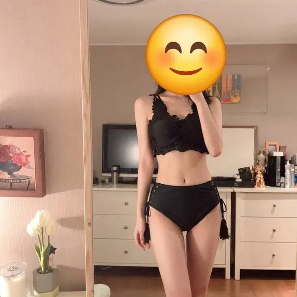 [BUNJANG] Black Lace Bikini Three-Piece Set / 블랙 레이스 비키니 쓰리피스