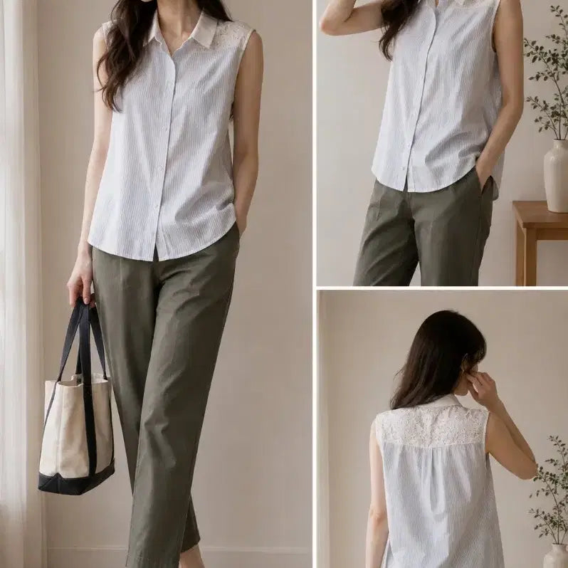 [BUNJANG] ROEM Striped Lace Sleeveless Blouse - Size 55 / (새상품)로엠 스트라이프 레이스 민소매 블라우스 55