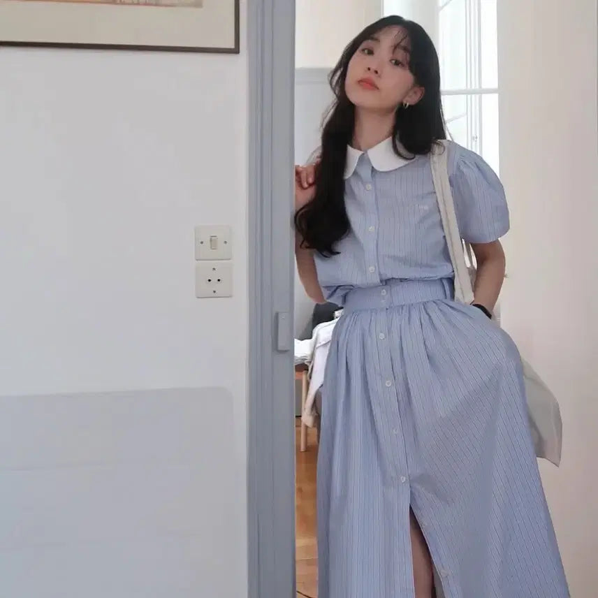 [BUNJANG] Fletta Stripe Shirt Skirt Set Sky Blue / [택O미시착새상품셋업일괄] 플레따 스트라이프 셔츠 스커트 스카이 블루 fletta