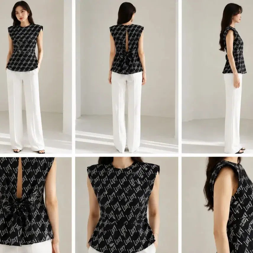 [BUNJANG] Lucky Chouette 100% Silk Logo Print Open Back Ribbon Blouse / 럭키슈에뜨 실크100% 로고 프린트 오픈백 리본 블라우스 36(55)