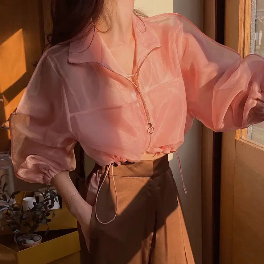 [BUNJANG] Postmonition Organza Crop Zip-Up Pink/Black / 포스트모니션 오간자 크롭 집업 핑크 블랙