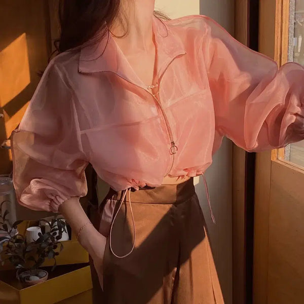 [BUNJANG] Postmonition Organza Crop Zip-Up Pink/Black / 포스트모니션 오간자 크롭 집업 핑크 블랙