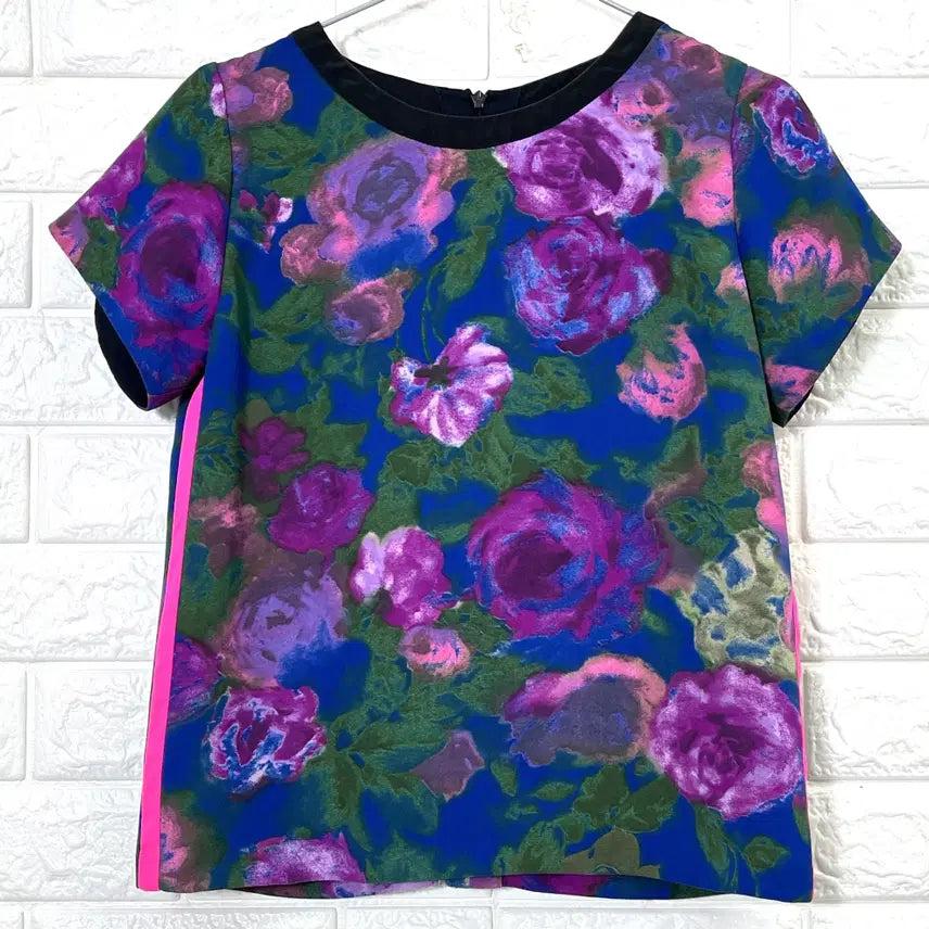 [BUNJANG] Sandro Women's Blue Flower Short Sleeve Blouse Size 1 / 산드로 여성 블루 플라워 반팔 블라우스 1