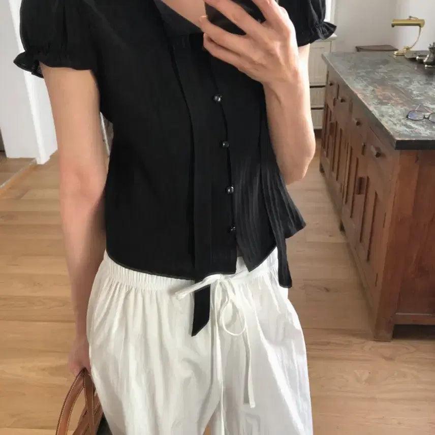 [BUNJANG] Women's Summer Short Sleeve Blouse Black / 여성 여름 반팔 블라우스 블랙