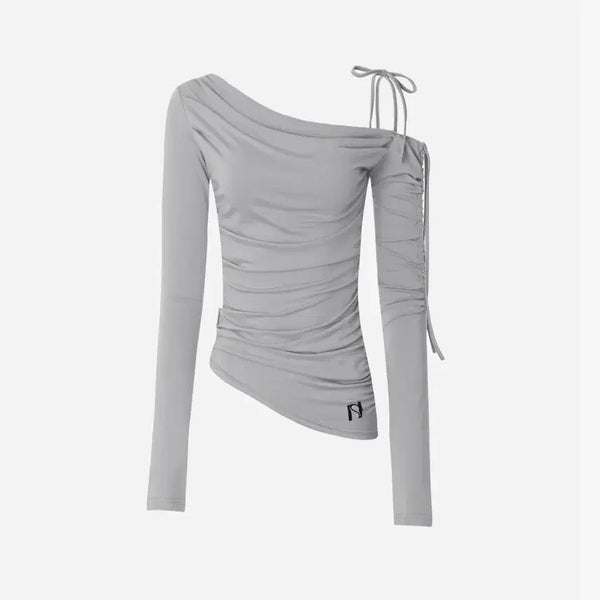 [BUNJANG] NEWALRIN Cats Draping One Shoulder Top Pale Grey / 뉴얼린 NEWALRIN 캣츠 드레이핑 원숄더 탑 Cats Draping One Shoulder Top 오프숄더 플리즈노팔로우