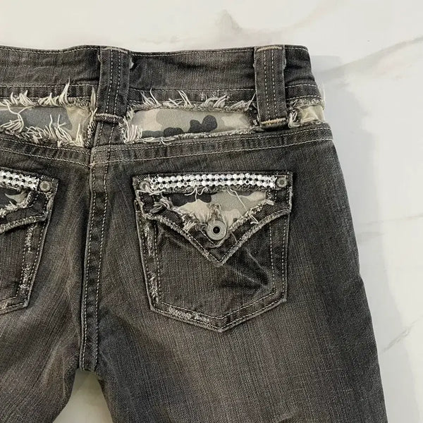 [BUNJANG] Y2K Camo Rhinestone Bootcut Jeans / 갸루 y2k 부츠컷 데님 흑청