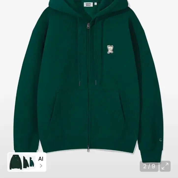 [BUNJANG] Wackywilly Logo Applique Fleece Hoodie Zip-up Green / 와키윌리 로고 와펜 기모 후드집업 그린