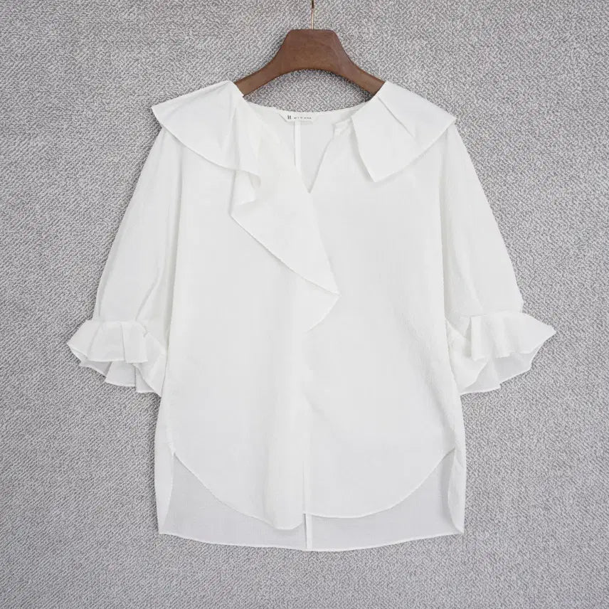 [BUNJANG] It MICHAA Women's Summer Seersucker Ruffle Blouse Free Size / 잇미샤 여성 여름 프릴 시어서커 블라우스 free