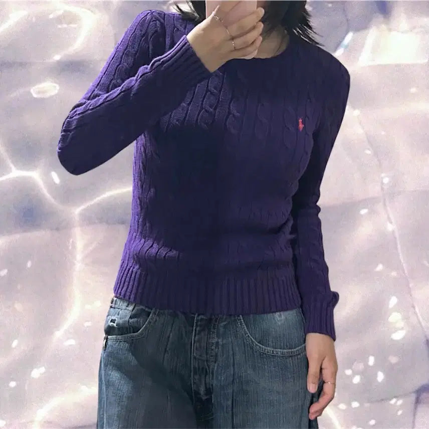 [BUNJANG] Polo Ralph Lauren Cable Knit Sweater Purple Women's S / 폴로 랄프로렌 케이블 꽈배기 니트 퍼플 보라 S