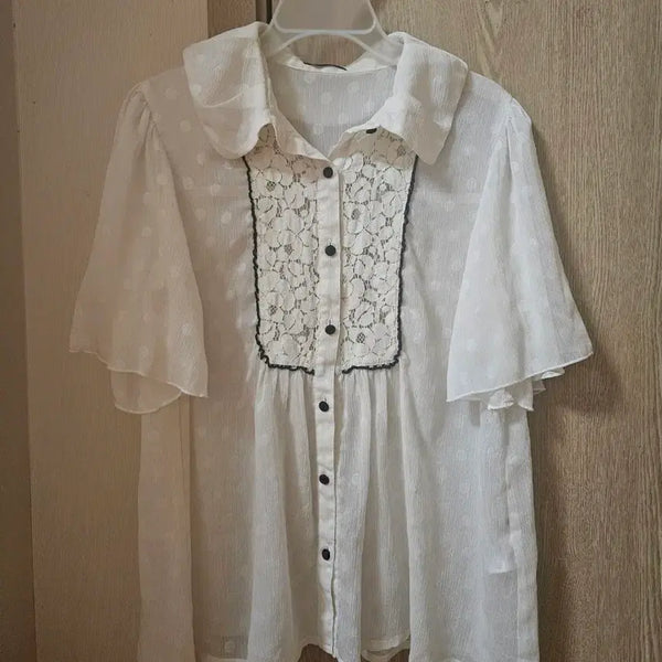[BUNJANG] Vintage Mori Lovely White Dot Lace Shirring Blouse / 빈티지 모리 러블리 화이트 도트 레이스 셔링 블라우스