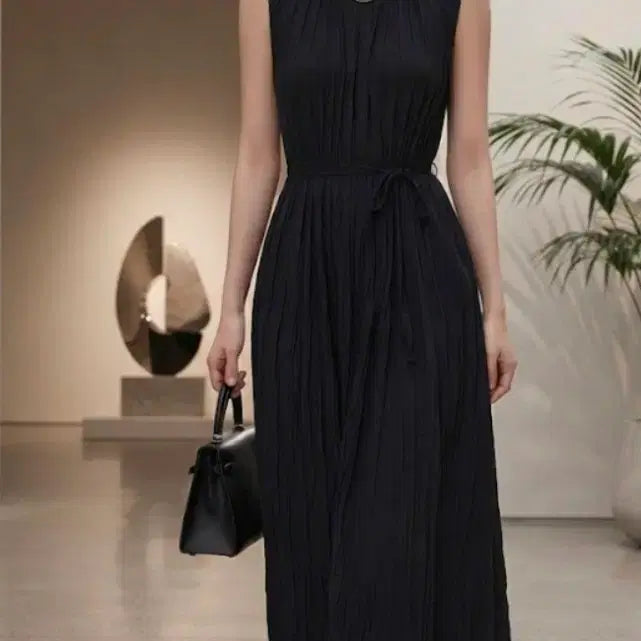 [BUNJANG] The CASHMERE Black Wrinkle Long Dress / [한섬정품]더캐시미어 블랙 롱 원피스