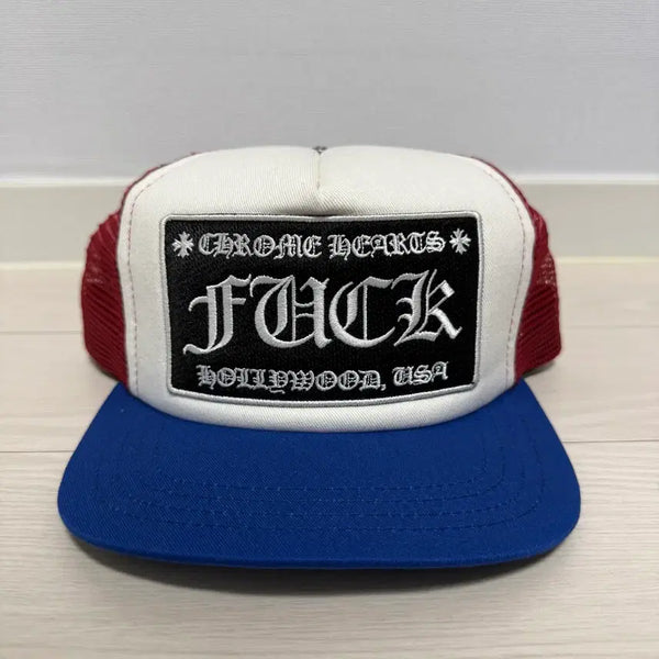 [BUNJANG] Chrome Hearts Fuck Hollywood Embroidered Trucker Cap Red White Blue / 크롬하츠 퍽 헐리우드 자수 트러커캡 레드 화이트 블루