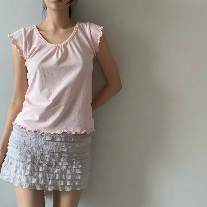 [BUNJANG] DongEun Angel Frill Lace Short Sleeve T-shirt Baby Pink / 동은 엔젤 프릴 레이스 반팔티 베이비 핑크 / 모리걸하구미빈티지코이세오