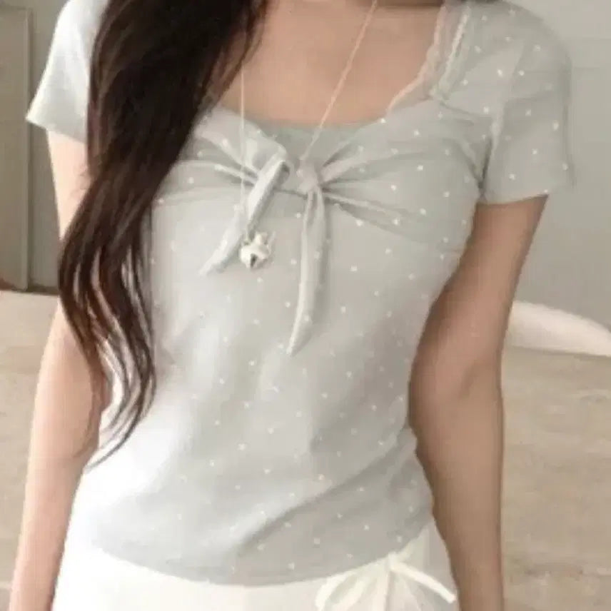 [BUNJANG] Mint Dot Ribbon Short Sleeve T-Shirt / 에이블리 반팔 리본 민트 도트