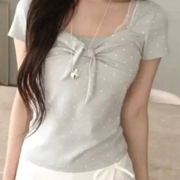 [BUNJANG] Mint Dot Ribbon Short Sleeve T-Shirt / 에이블리 반팔 리본 민트 도트
