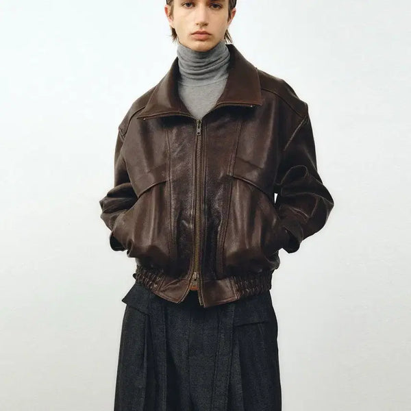[BUNJANG] Noir & Antiques Cowhide Highneck Leather Jacket / 노이어 앤틱 카우레더 하이넥 가죽자켓