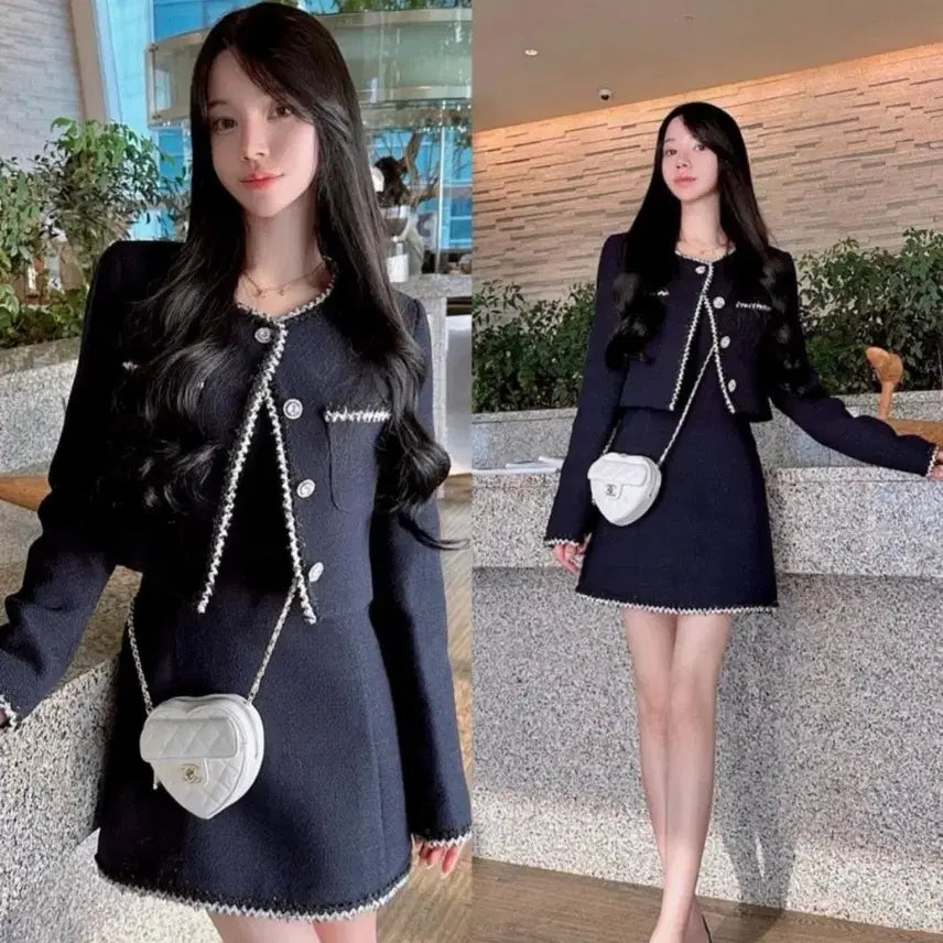 [BUNJANG] Mayyun Tweed Deep Navy Jacket + Dress Set / 메이윤 트위드 딥네이비 자켓+원피스 세트