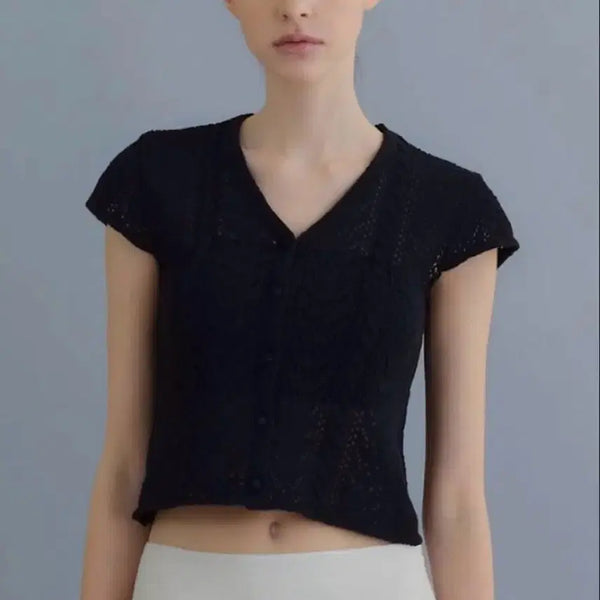 [BUNJANG] Fyeo Cropped Crochet Short Sleeve Cardigan Knit / Fyeo 포유온 크로쉐 반팔 가디건 반팔니트 sie 시에 유메르 루에브르