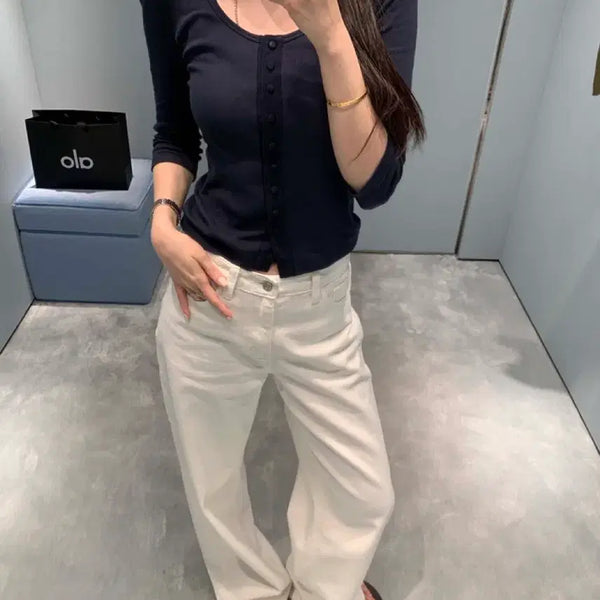 [BUNJANG] Objet Sette Button Rib Top Navy / 오브제스트 버튼티