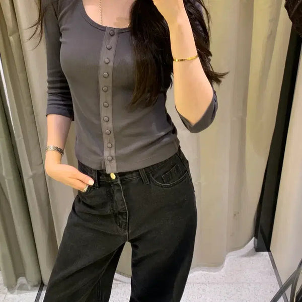 [BUNJANG] Objetest Button Rib Top / 오브제스트 버튼티