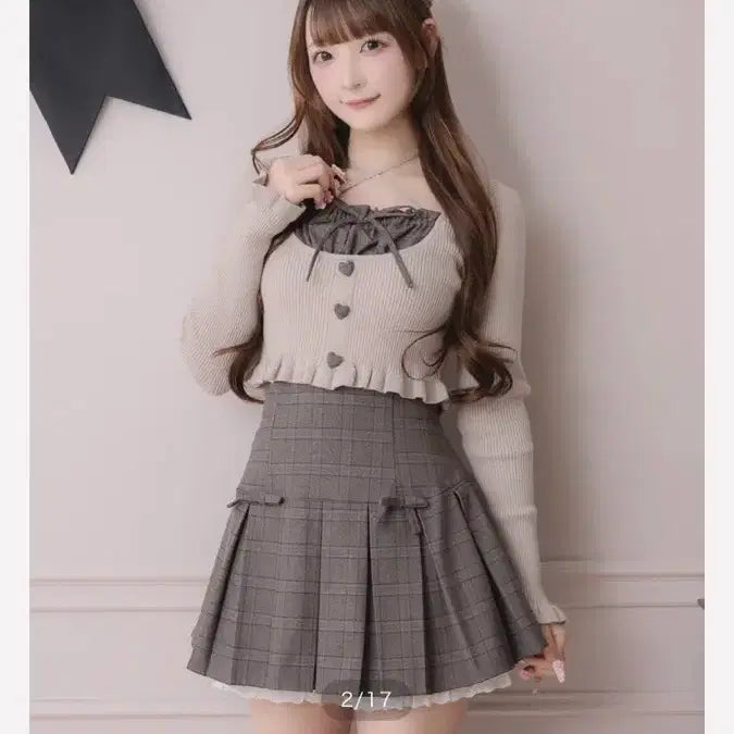 [BUNJANG] Pium Heart Button Knit & Mini Ribbon Pleated Skirt Set / 피움 pium 요크 절개 하트 버튼 니트 & 미니 리본 플리츠 스커트 세트 걸리 스나계