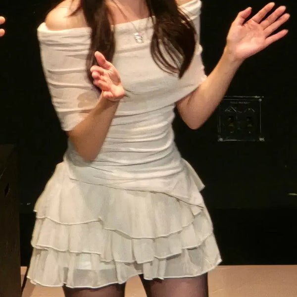 [BUNJANG] White Off-Shoulder Chiffon Two-Piece Set / 화이트 오프숄더 쉬폰 투피스