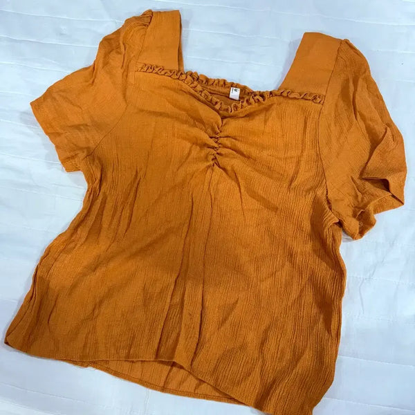 [BUNJANG] Shirring Square Neck Short Sleeve T-Shirt / 셔링 스퀴어넥 반팔