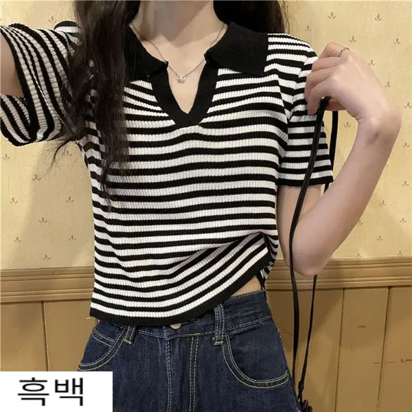 [BUNJANG] Striped V-Neck Short Sleeve Knit / 단가라 브이넥 반팔 니트