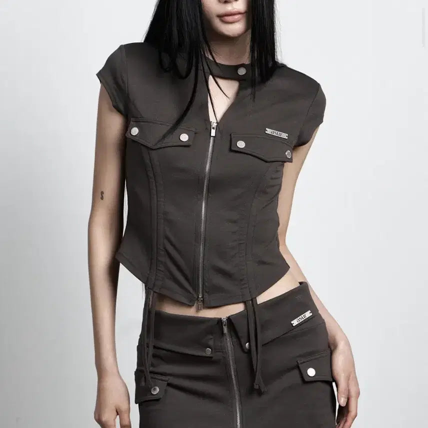 [BUNJANG] AsYouAre Folding Pocket Shirring Zip-up Set Charcoal / 애즈유아 폴딩 포켓 셔링 집업 세트 차콜