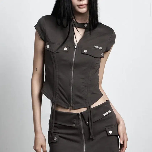 [BUNJANG] AsYouAre Folding Pocket Shirring Zip-up Set Charcoal / 애즈유아 폴딩 포켓 셔링 집업 세트 차콜