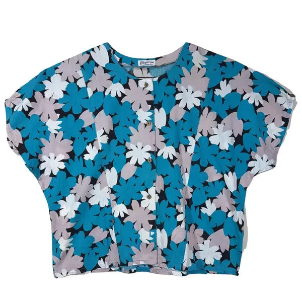 [BUNJANG] Blue Flower Short Sleeve Blouse Summer Shirt Resort Look / 블루 플라워 반팔 블라우스 여름셔츠 휴양지룩 [S(M)]