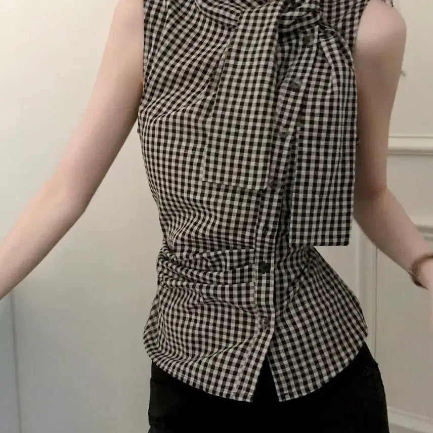 [BUNJANG] Cloud Emotion Hour Cabinet Check Tie Blouse (Unworn) / 클라우드이모션 아워캐비넷 체크 타이 블라우스(미시착)