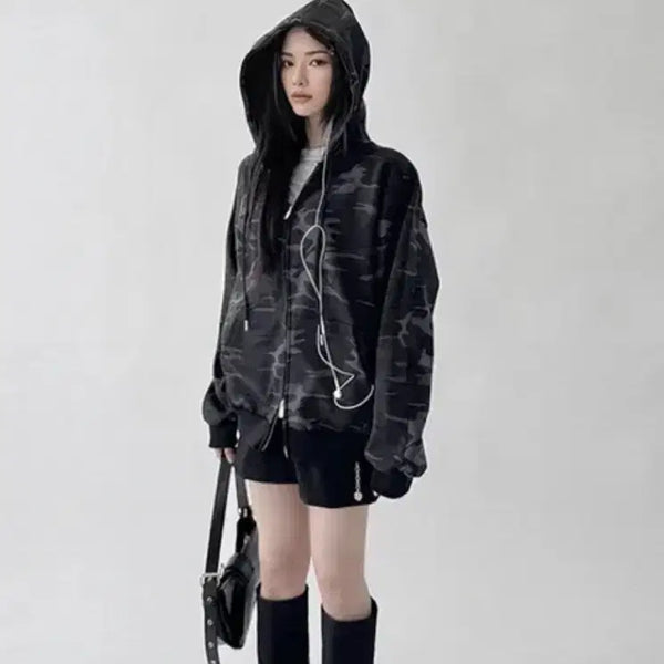 [BUNJANG] Camouflage Hoodie Zip-up Charcoal / 카모 후드 집업 차콜 시즈니룩 콘서트룩