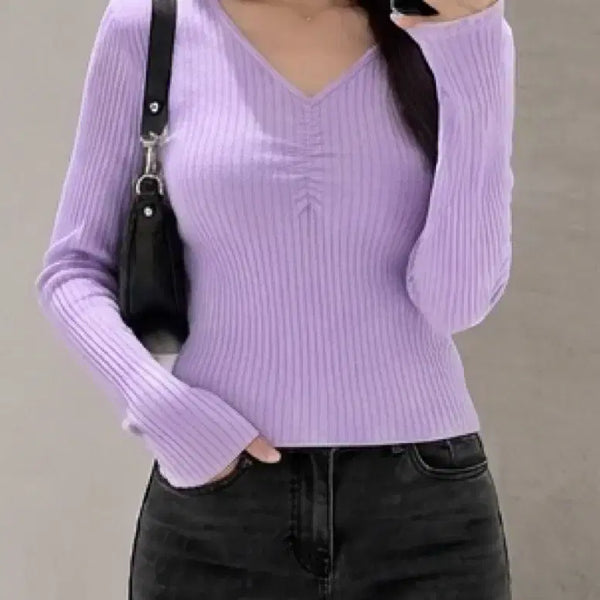 [BUNJANG] Light Purple V-Neck Ribbed Knit Long Sleeve Slim Fit Basic Top / 연보라 퍼플 브이넥 골지니트 긴팔니트 슬림핏 기본티