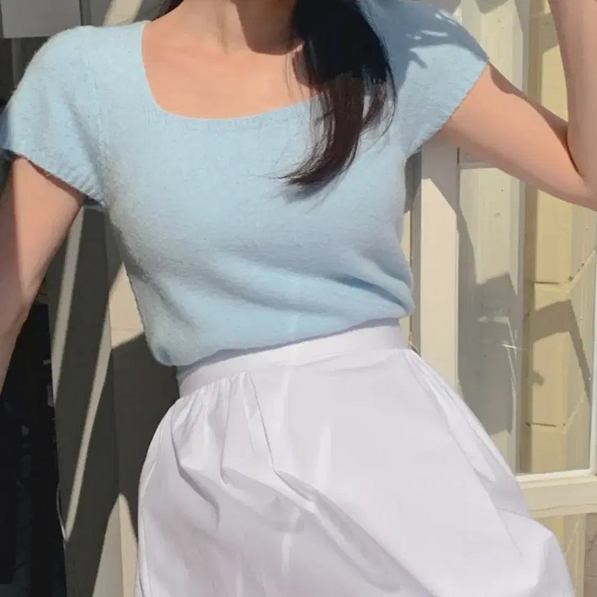 [BUNJANG] Heich Square Neck Short Sleeve Knit - Sky Blue / 스퀘어넥 반팔니트