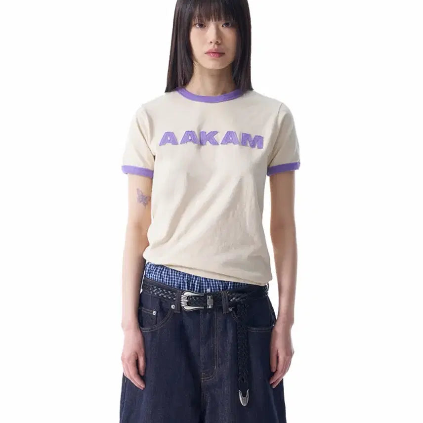 [BUNJANG] Arkham Logo Patch Ringer T-Shirt (Cream-Purple) / 아캄 Logo Patch Ringer (Cream-Purple) 반팔 1사이즈(새상품)
