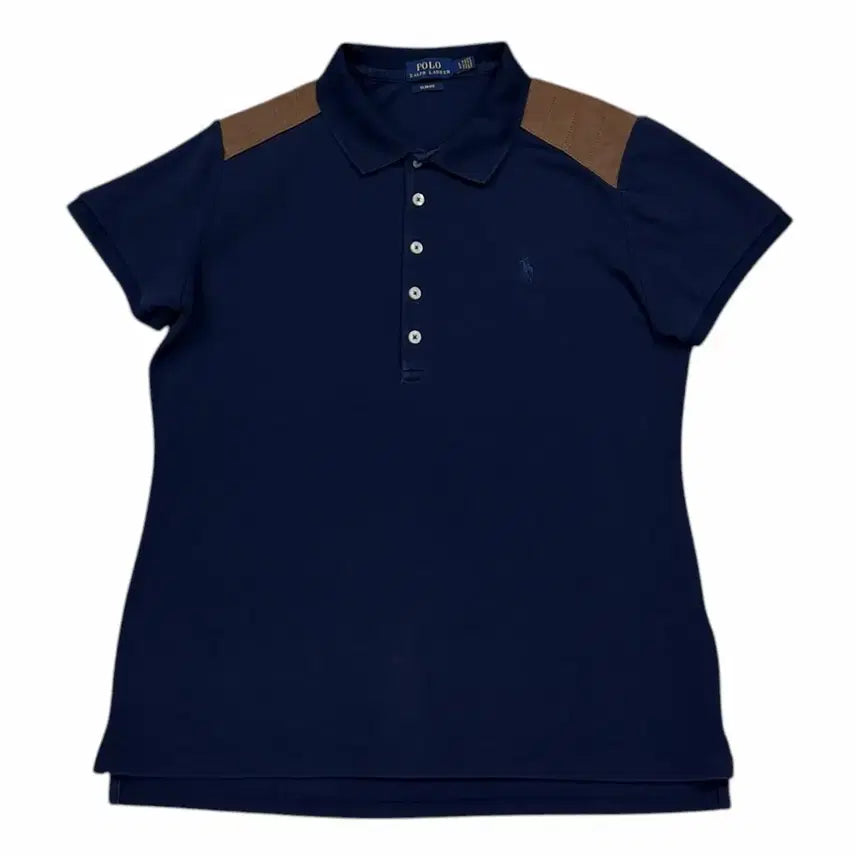 [BUNJANG] Polo Ralph Lauren Women's Leather Patch Polo T-Shirt Navy L / 폴로 랄프로렌 여성 레더패치 PK 카라 반팔티 네이비 L
