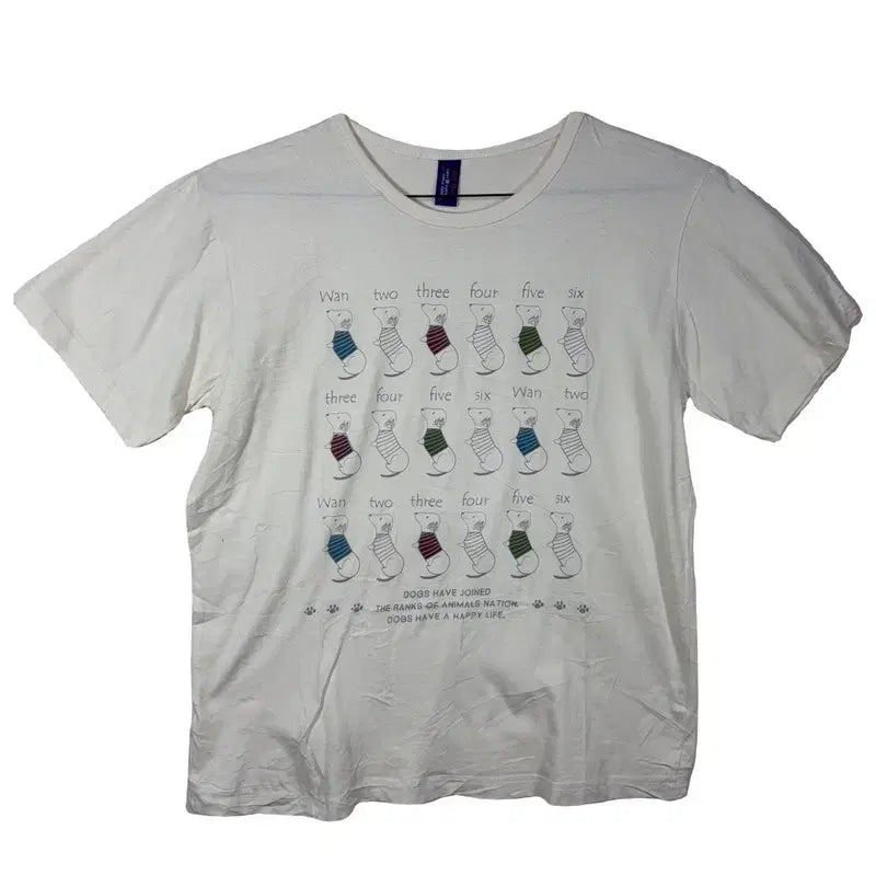 [BUNJANG] White Dog Print T-shirt (M-L) / 화이트 강아지 프린팅 티셔츠 키치 캐주얼룩  [M-L] 코튼 100%