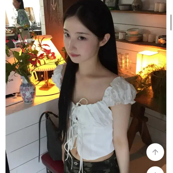 [BUNJANG] White Ribbon Off-Shoulder Blouse / 화이트리본오프숄더블라우스