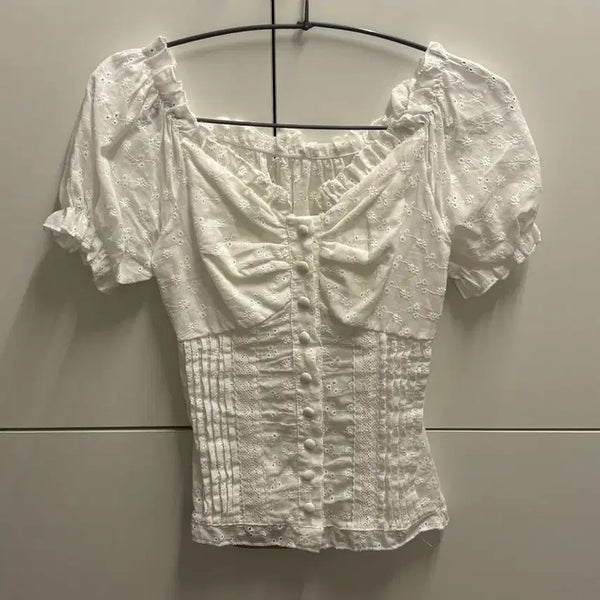 [BUNJANG] Embroidered Puff Sleeve Blouse - White / 자수 블라우스 화이트