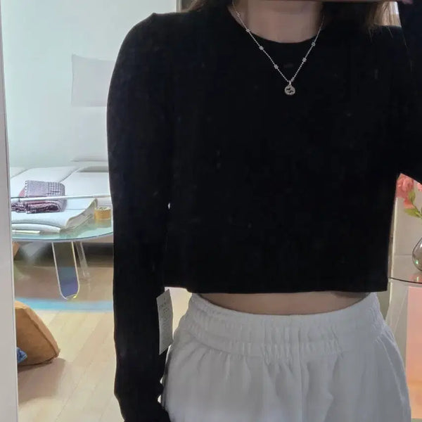 [BUNJANG] Ribbed Cropped Long Sleeve Relaxed Fit Top / 크롭 긴팔 여유핏 (새상품, 착샷)