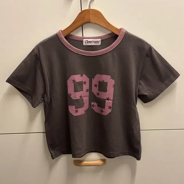 [BUNJANG] 99 Star Number Printing Colorblock Short Sleeve T-Shirt Brown / 99 스타 넘버 프린팅 배색 반팔 티셔츠 브라운