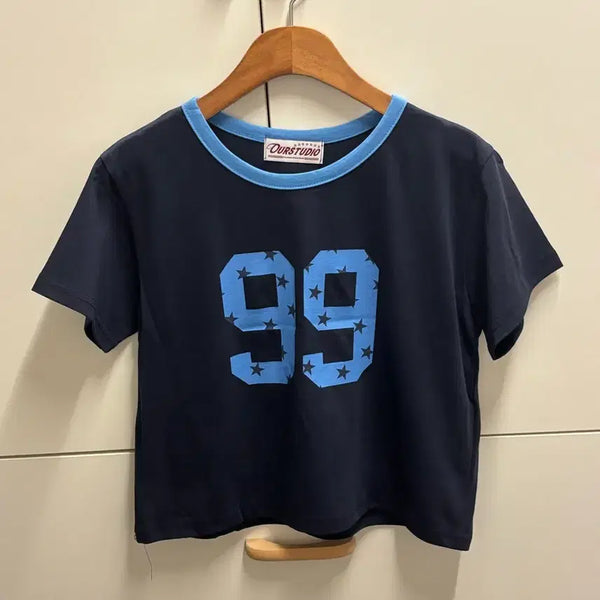 [BUNJANG] 99 Star Number Color Block Short Sleeve T-Shirt Navy / 99 스타 넘버 프린팅 배색 반팔 티셔츠 네이비